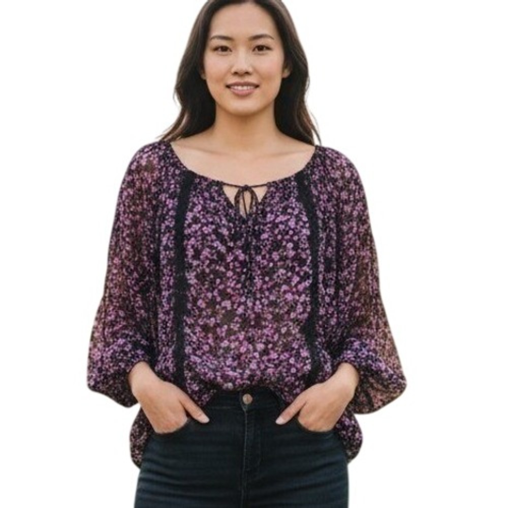 LC Lauren Conrad Purple Floral Lace Trim Chiffon Blouse Large Boho Romantic